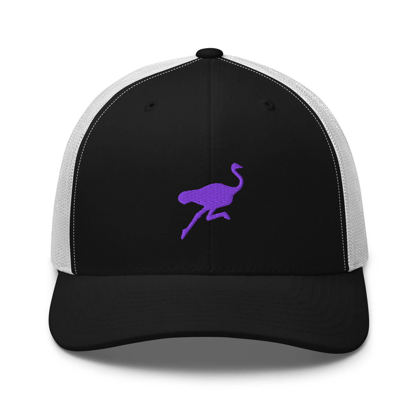 Nostrich nostr trucker cap in Black/ White, front view.