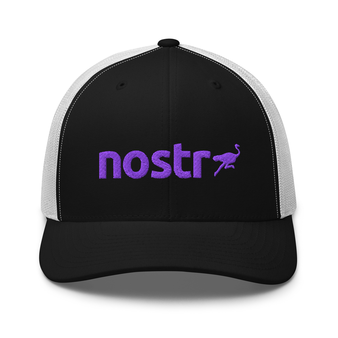 Nostr nostr trucker cap in Black/ White, front view.