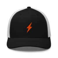Lightning bitcoin trucker cap in Black/ White, front view.