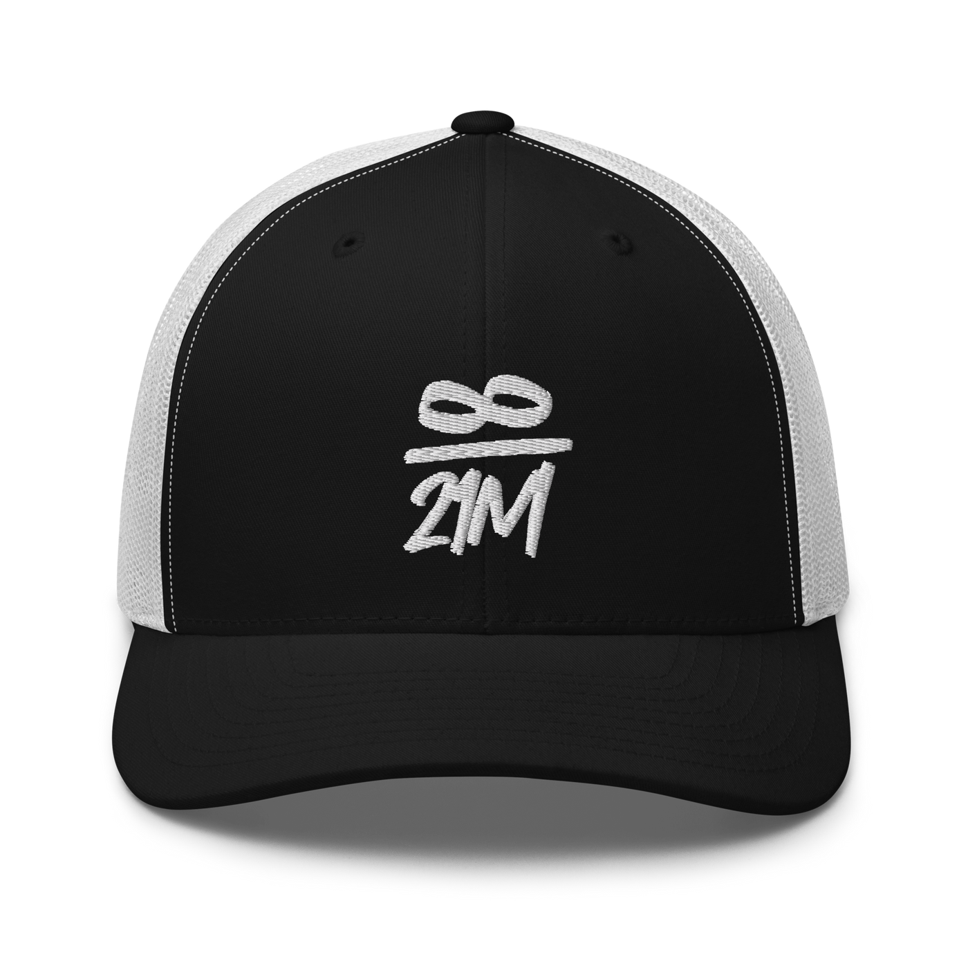 Infinity / 21M bitcoin trucker cap in Black/ White, front view.
