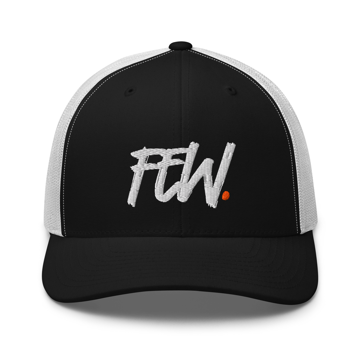 Few. bitcoin trucker cap in Black/ White, front view.