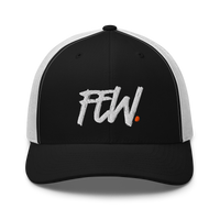 Few. bitcoin trucker cap in Black/ White, front view.