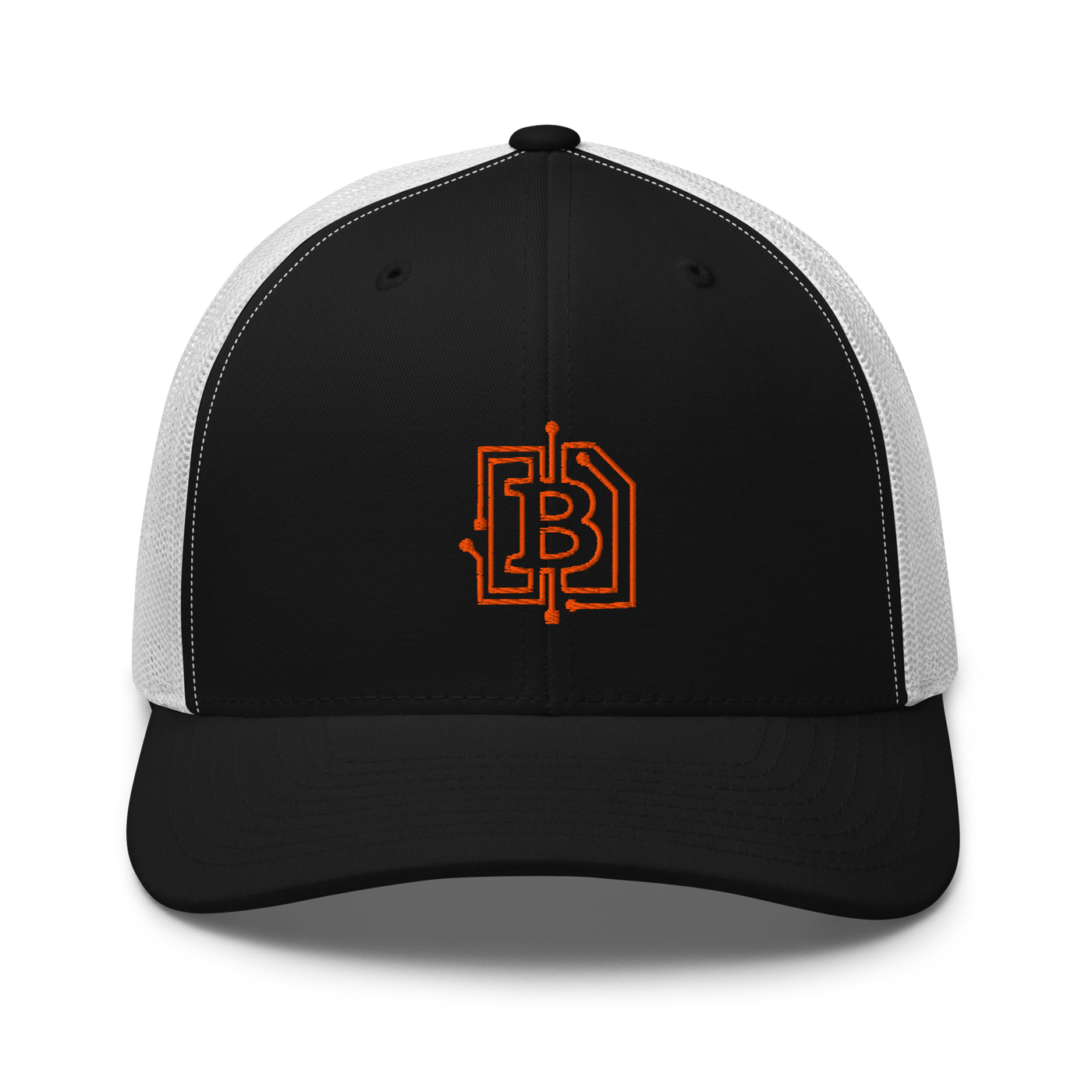 Circuit Board bitcoin trucker cap in Black/ White, front view.