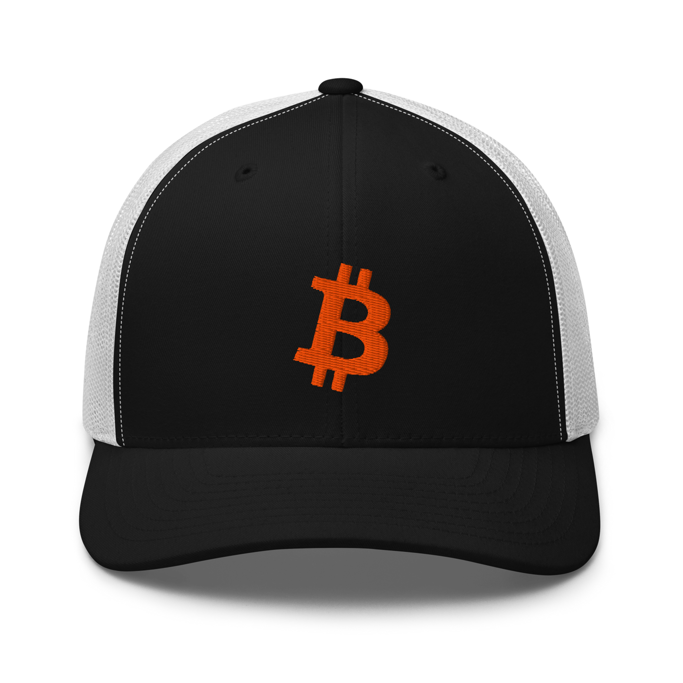 Bitcoin B bitcoin trucker cap in Black/ White, front view.