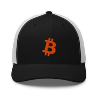 Bitcoin B bitcoin trucker cap in Black/ White, front view.