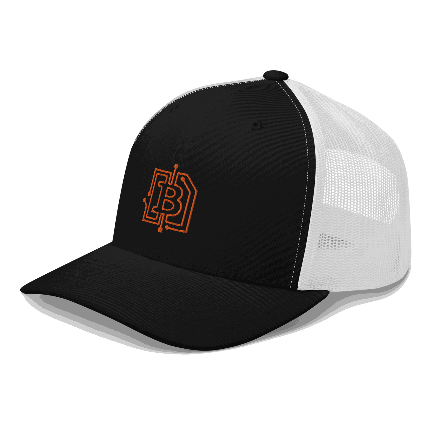 Side view of a black and white bitcoin trucker cap.