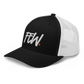 Side view of a black and white bitcoin trucker cap.