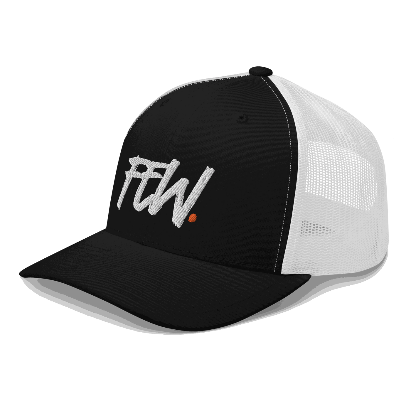 Side view of a black and white bitcoin trucker cap.