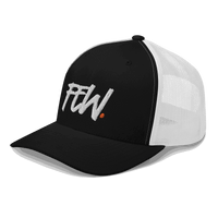 Side view of a black and white bitcoin trucker cap.