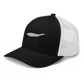 Side view of a black and white bitcoin trucker cap.