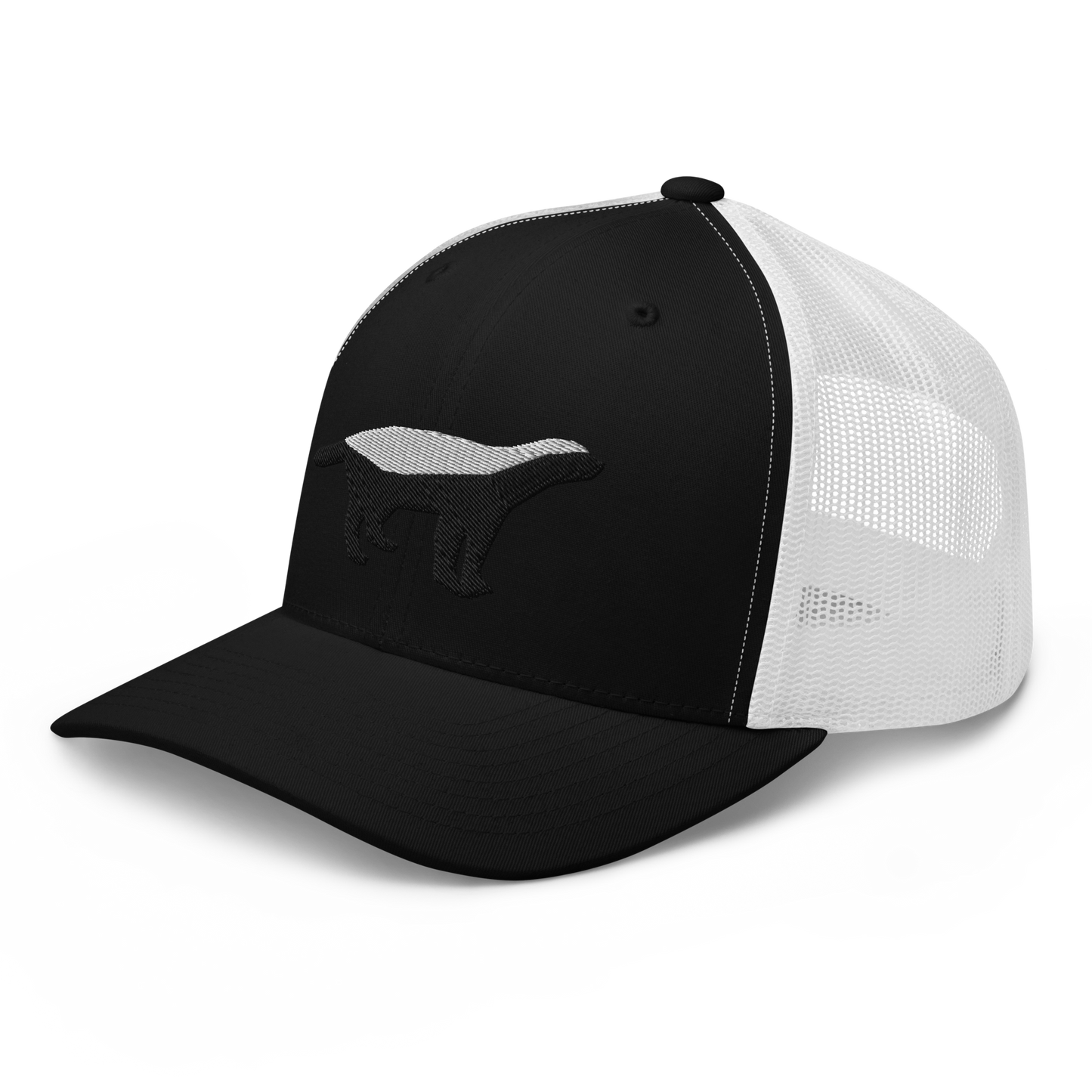 Side view of a black and white bitcoin trucker cap.