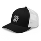 Side view of a black and white bitcoin trucker cap.