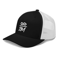 Side view of a black and white bitcoin trucker cap.