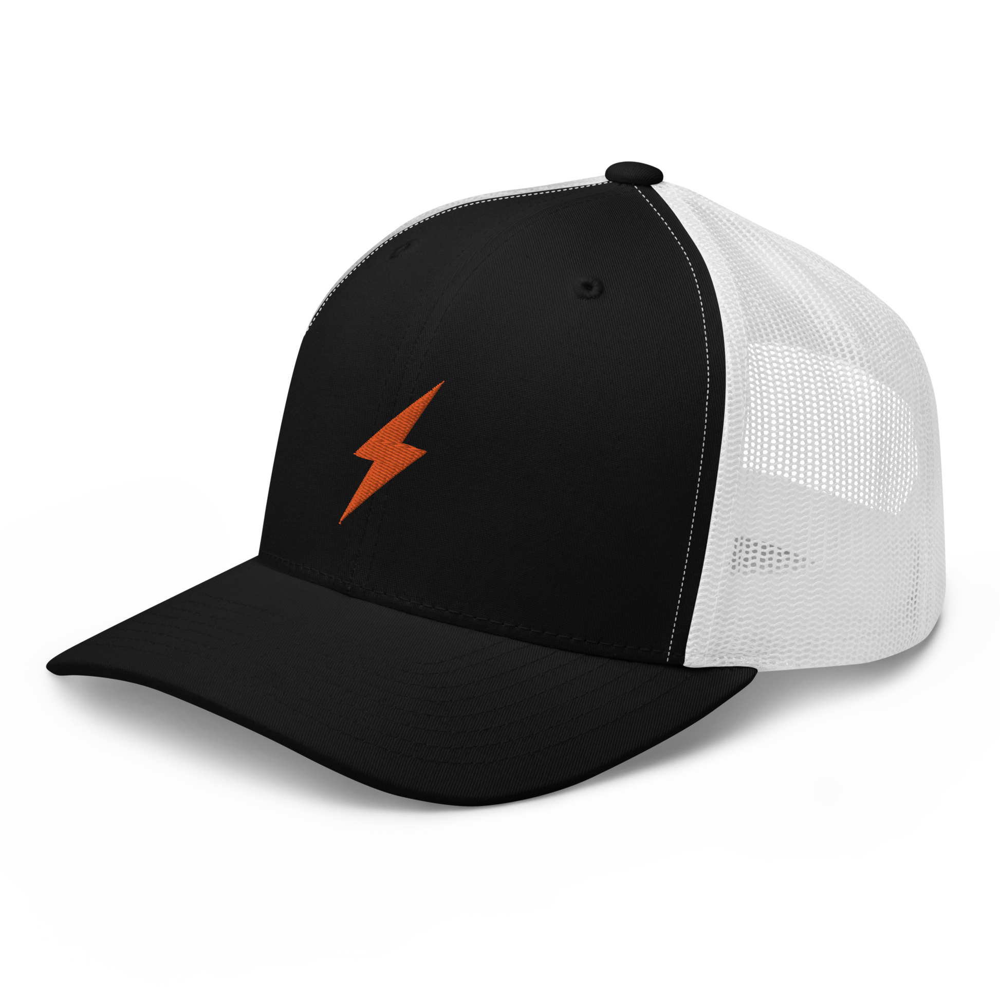 Side view of a black and white bitcoin trucker cap.