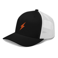 Black six-panel Lightning Bitcoin trucker cap with mesh back and adjustable closure