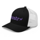 Side view of a black and white bitcoin trucker cap.