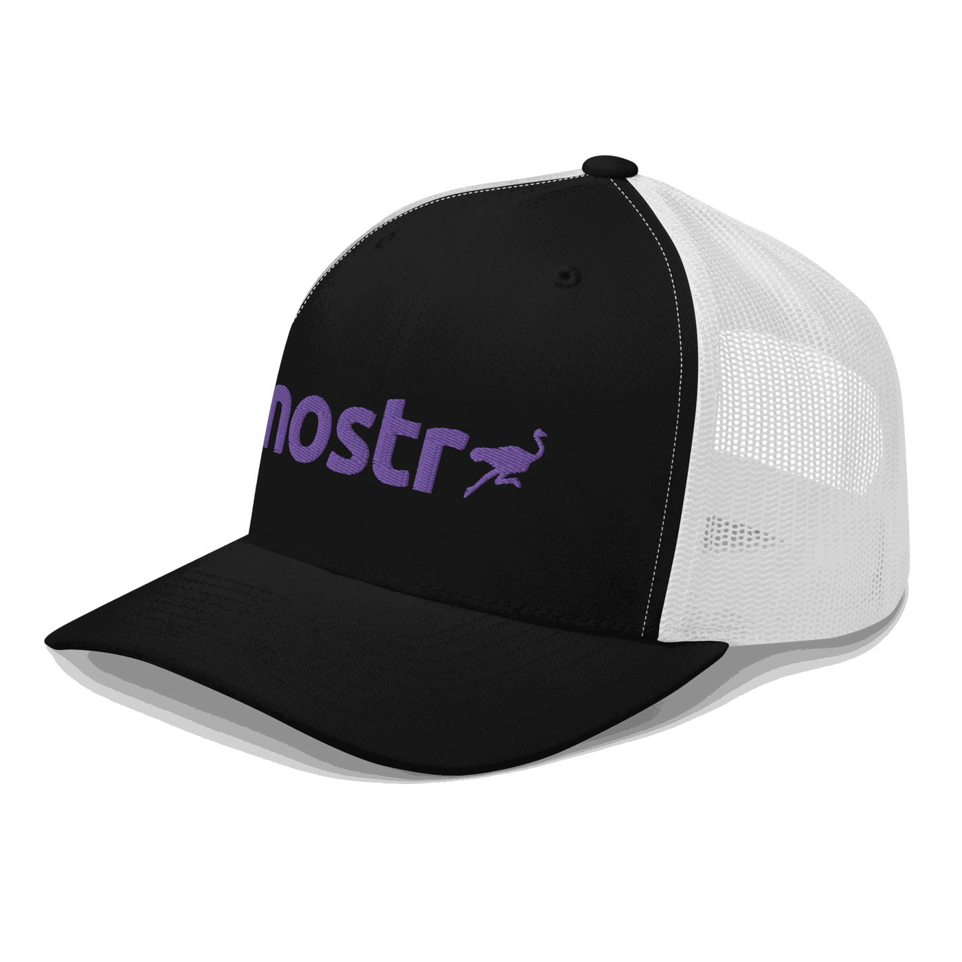 Side view of a black and white bitcoin trucker cap.