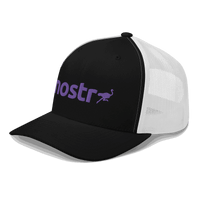 Side view of a black and white bitcoin trucker cap.