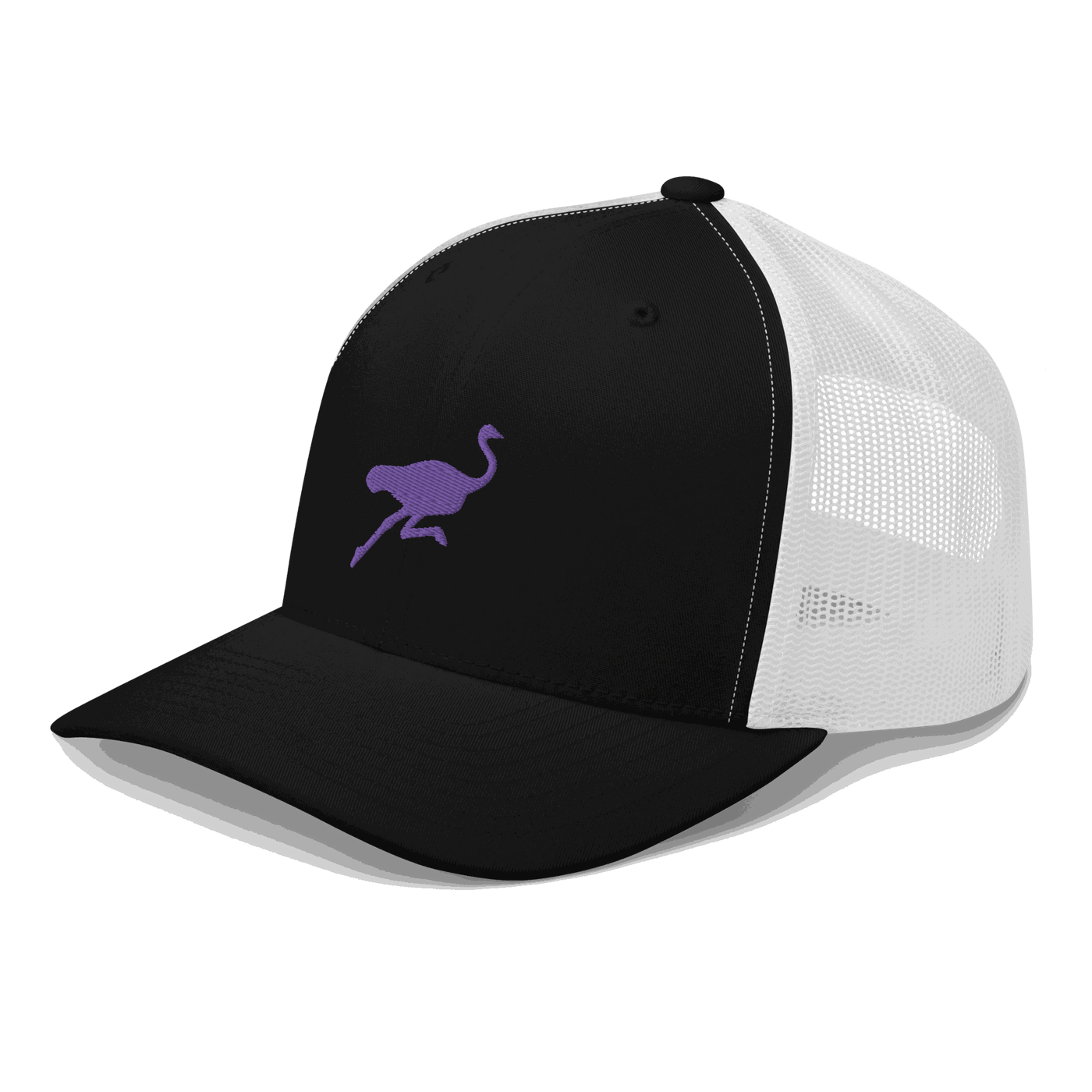 Side view of a black and white bitcoin trucker cap.
