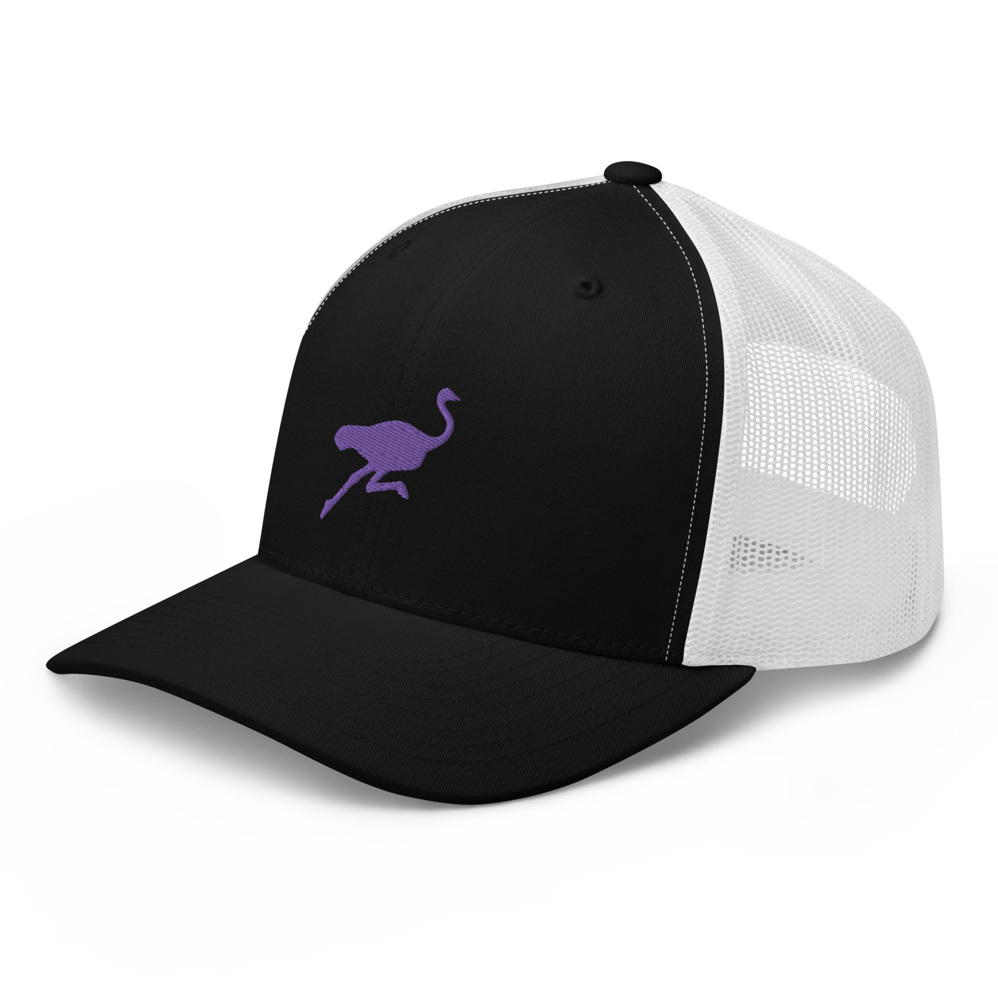 Side view of a black and white bitcoin trucker cap.