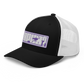 Side view of a black and white bitcoin trucker cap.