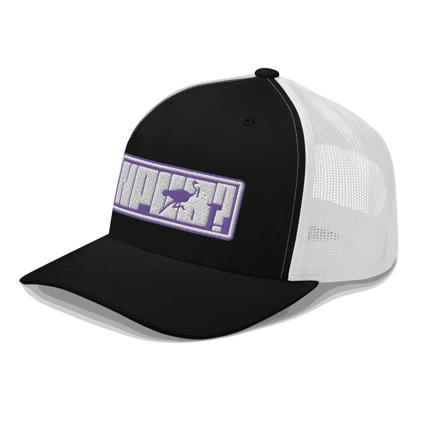 Side view of a black and white bitcoin trucker cap.