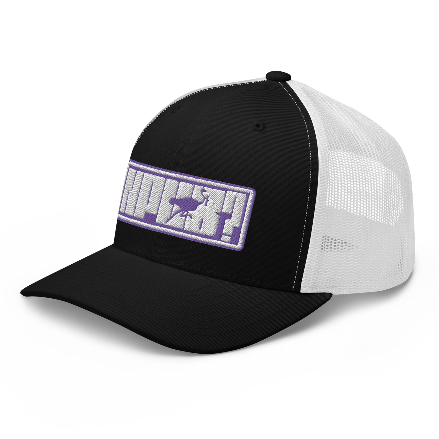 Side view of a black and white bitcoin trucker cap.