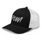 Side view of a black and white bitcoin trucker cap.