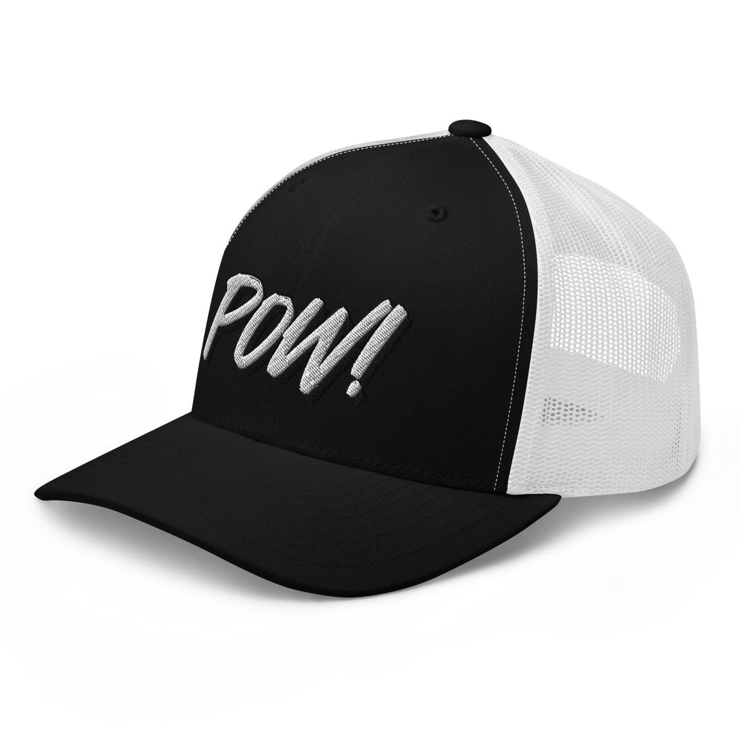 Side view of a black and white bitcoin trucker cap.