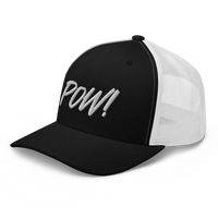 Side view of a black and white bitcoin trucker cap.