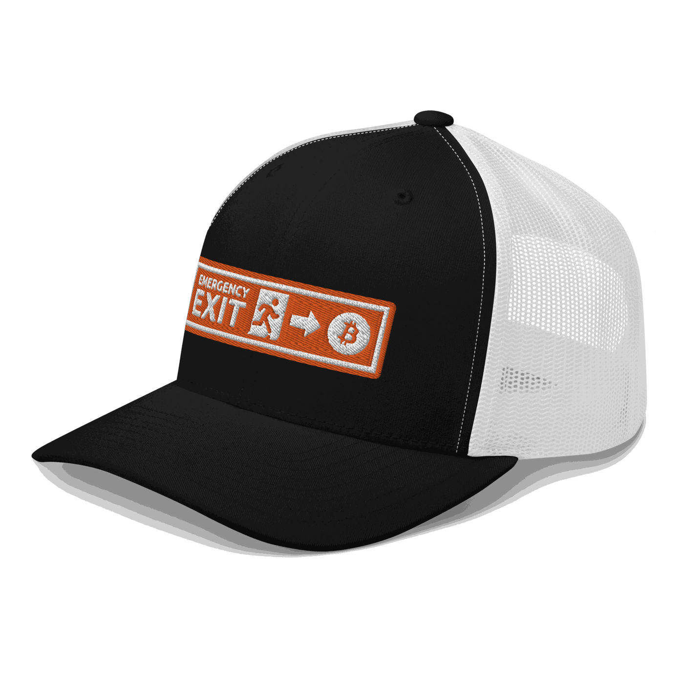 Side view of a black and white bitcoin trucker cap.