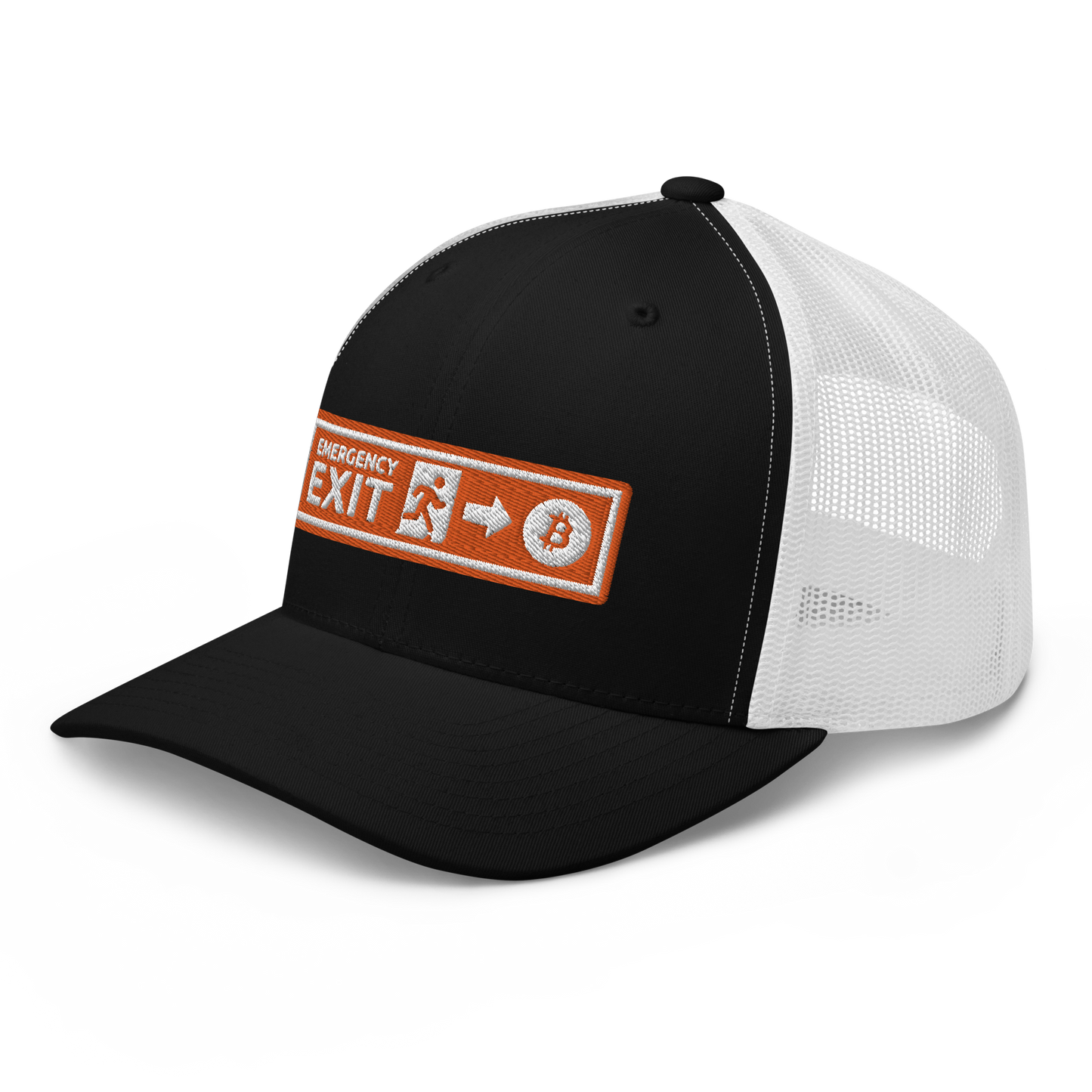 Side view of a black and white bitcoin trucker cap.