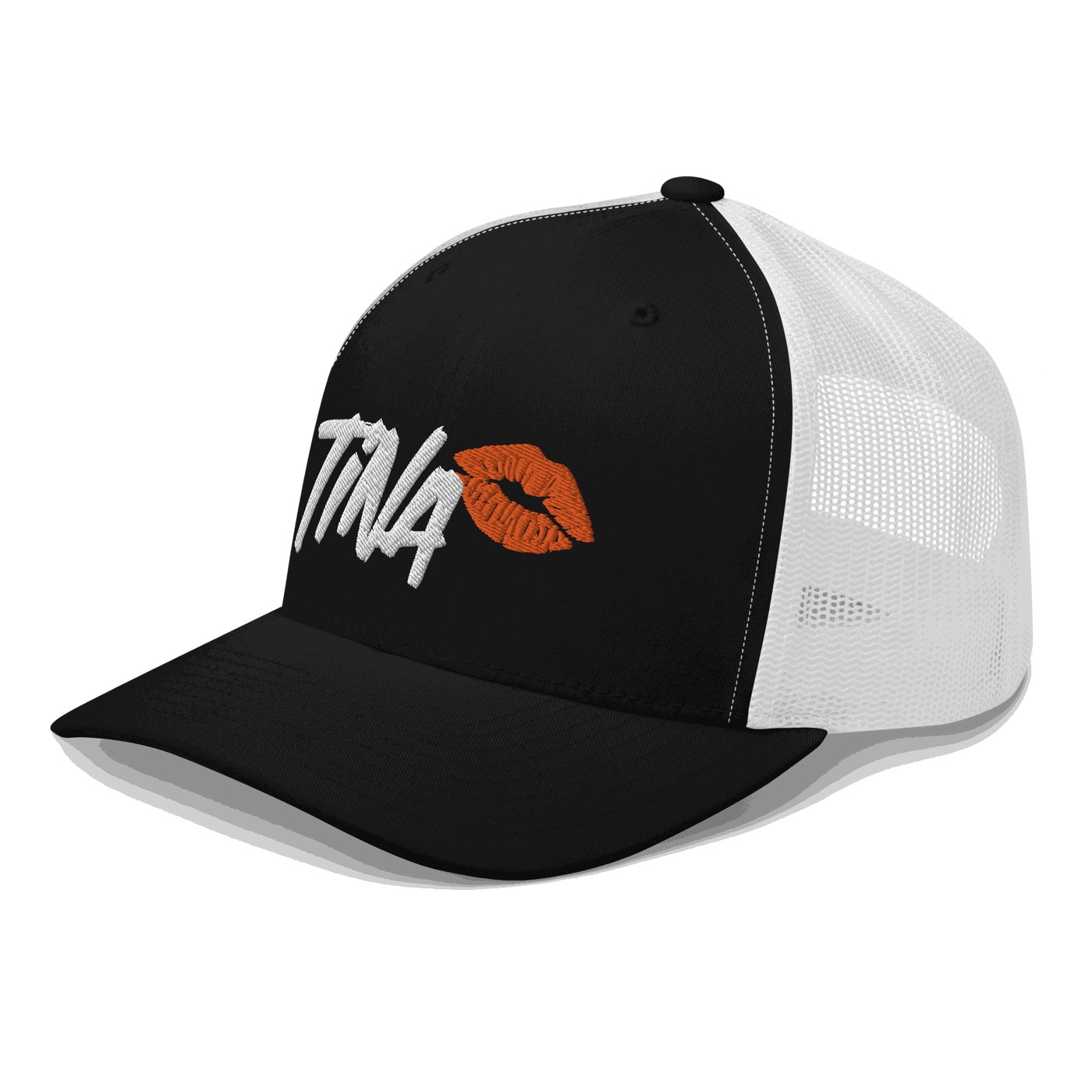 Side view of a black and white bitcoin trucker cap.