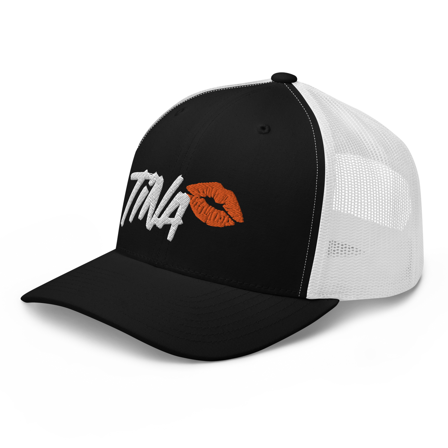 Side view of a black and white bitcoin trucker cap.