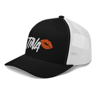 Side view of a black and white bitcoin trucker cap.