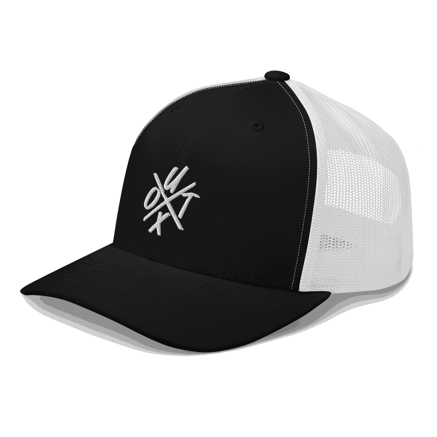 Side view of a black and white bitcoin trucker cap.