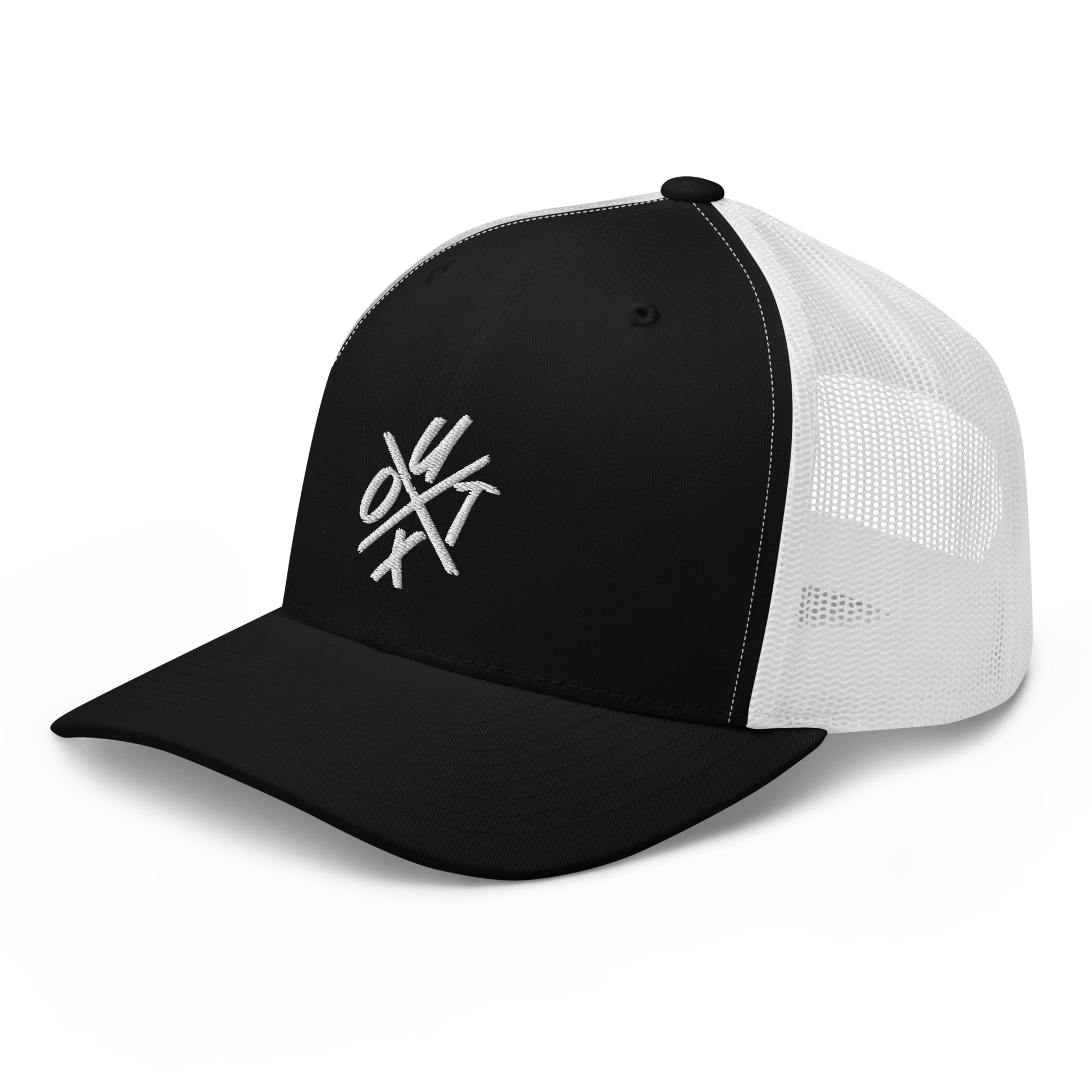 Side view of a black and white bitcoin trucker cap.