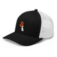 Side view of a black and white bitcoin trucker cap.