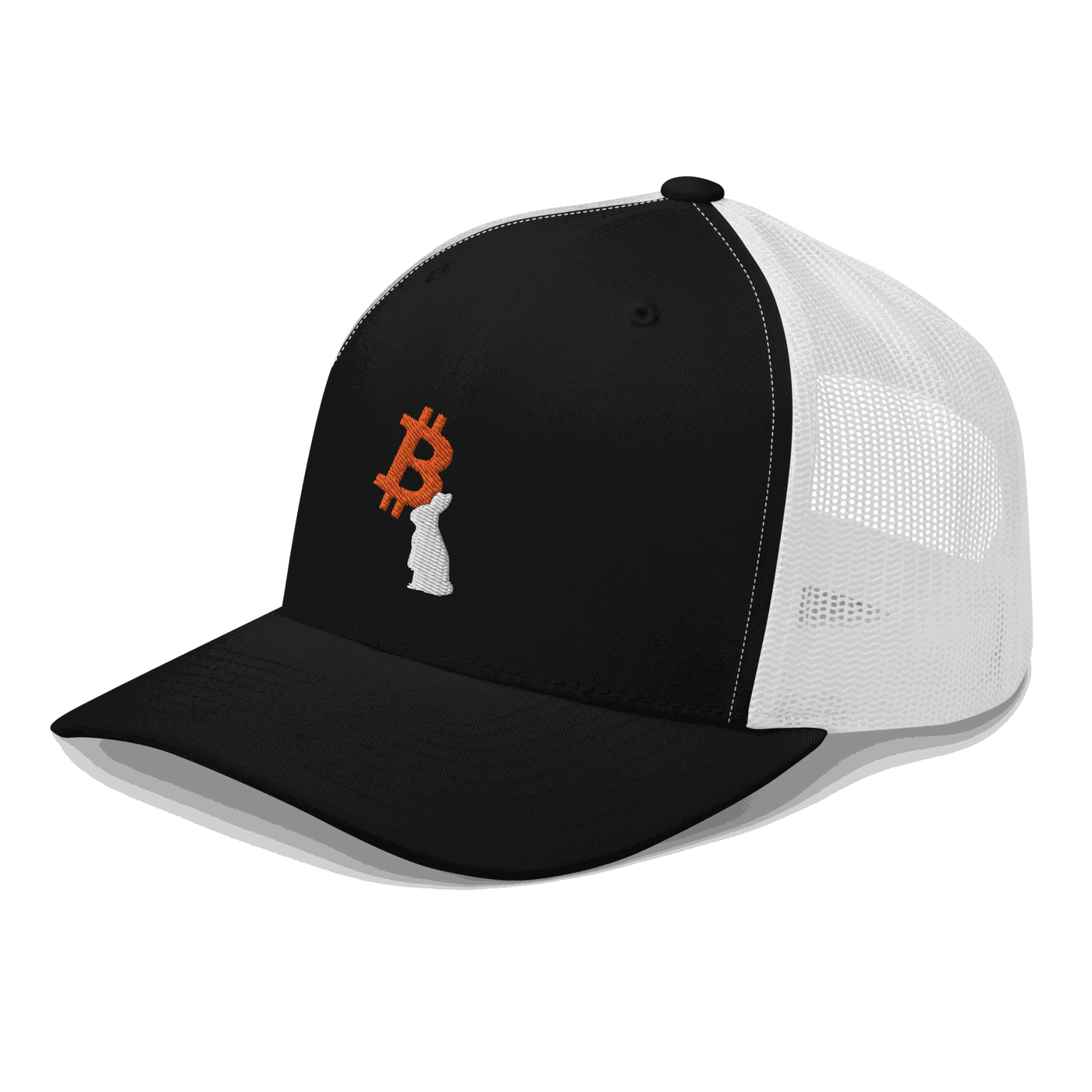 Side view of a black and white bitcoin trucker cap.
