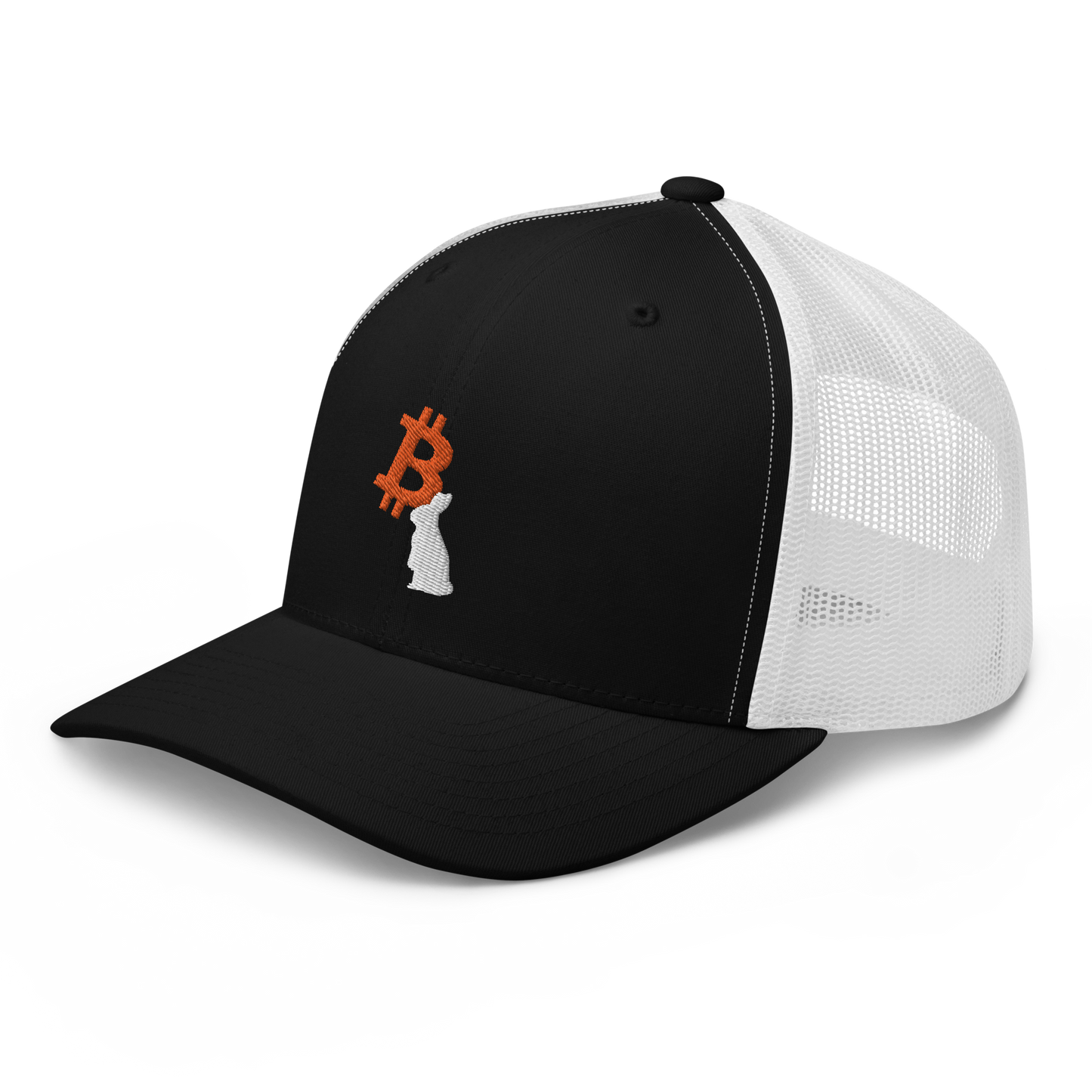 Side view of a black and white bitcoin trucker cap.