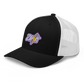 Side view of a black and white bitcoin trucker cap.