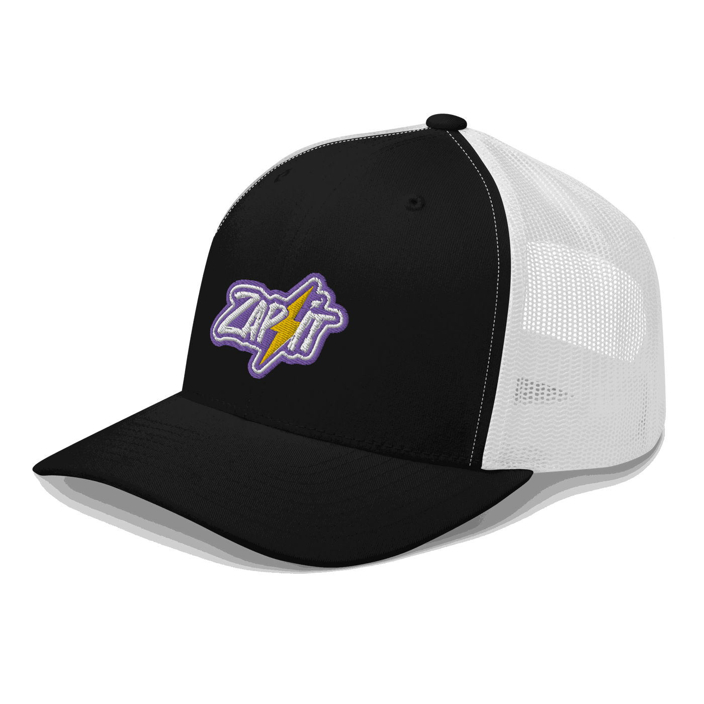 Side view of a black and white bitcoin trucker cap.