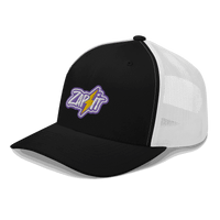 Side view of a black and white bitcoin trucker cap.