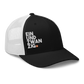 Side view of a black and white bitcoin trucker cap.