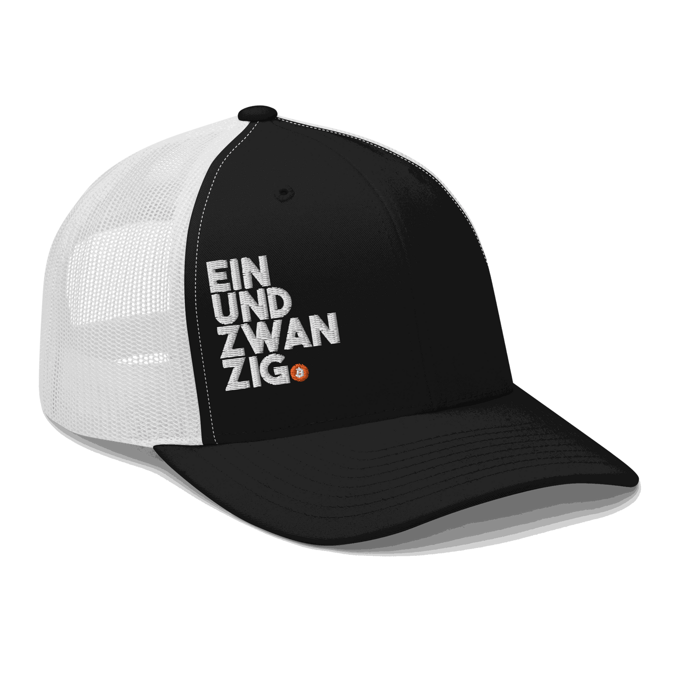 Black six-panel Bitcoin trucker cap with mesh back and embroidered logo