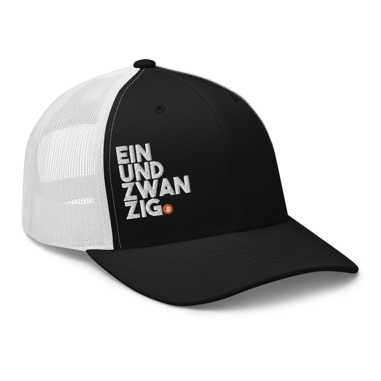 Side view of a black and white bitcoin trucker cap.