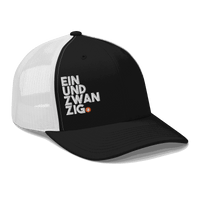 Black six-panel Bitcoin trucker cap with mesh back and embroidered logo