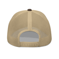 Back view of a brown and khaki bitcoin trucker cap.