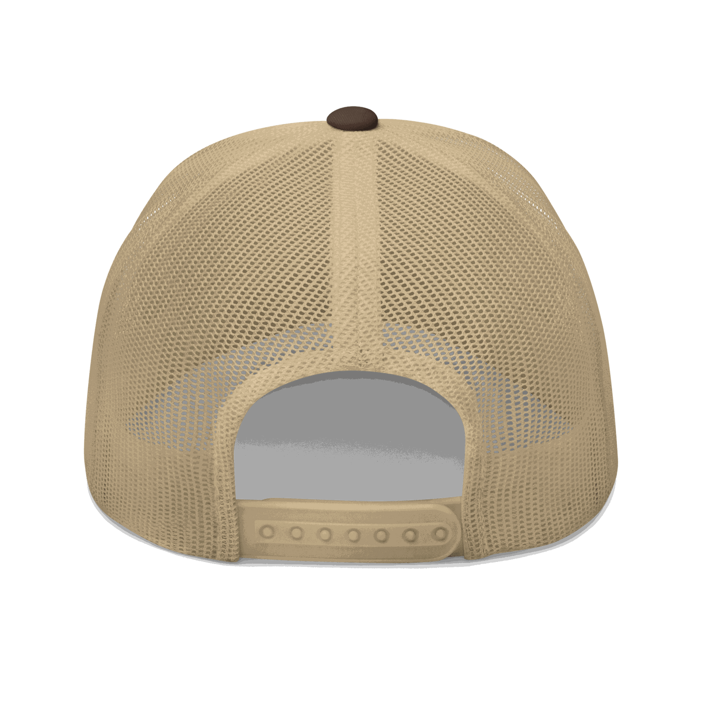 Back view of a brown and khaki bitcoin trucker cap.