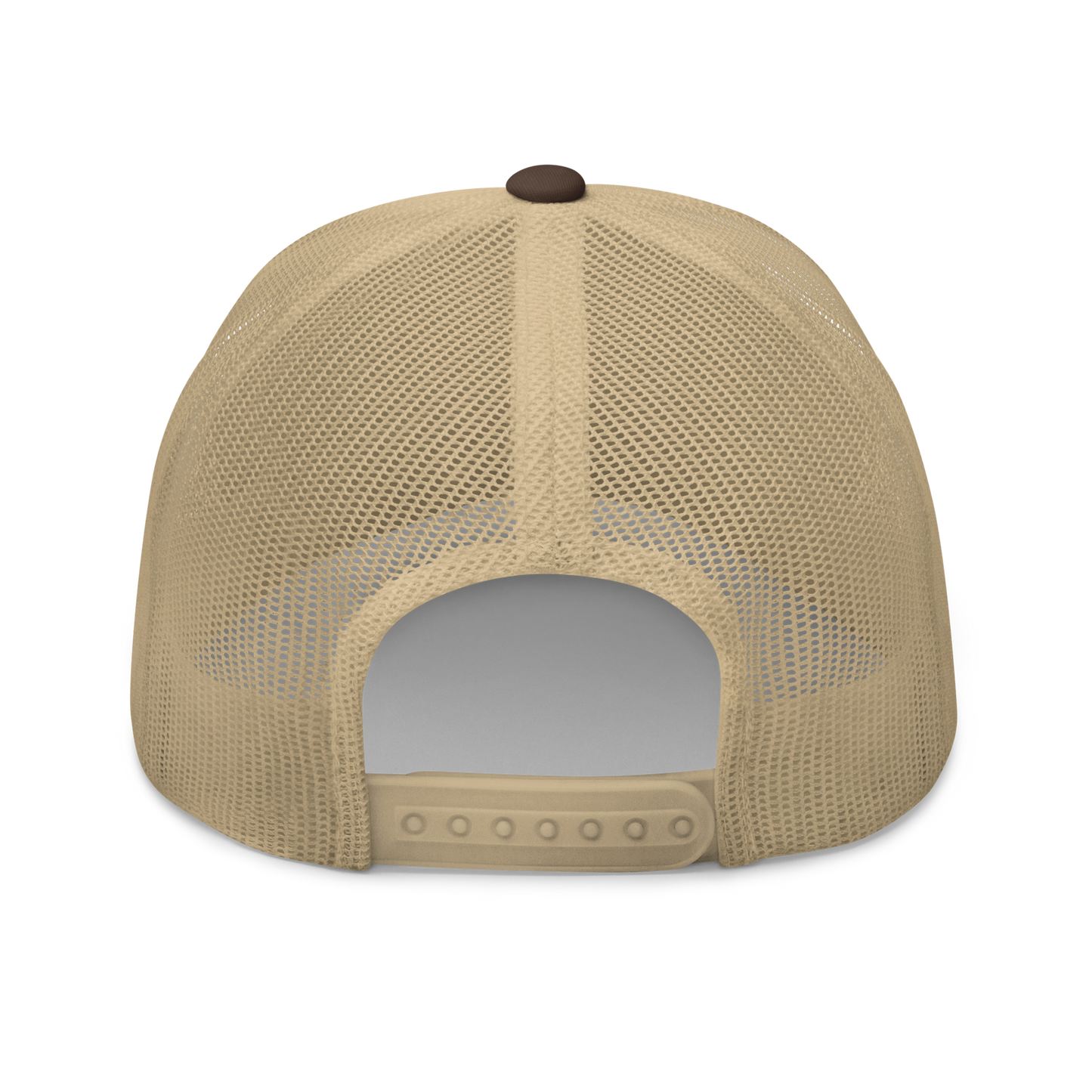 Back view of a brown and khaki bitcoin trucker cap.